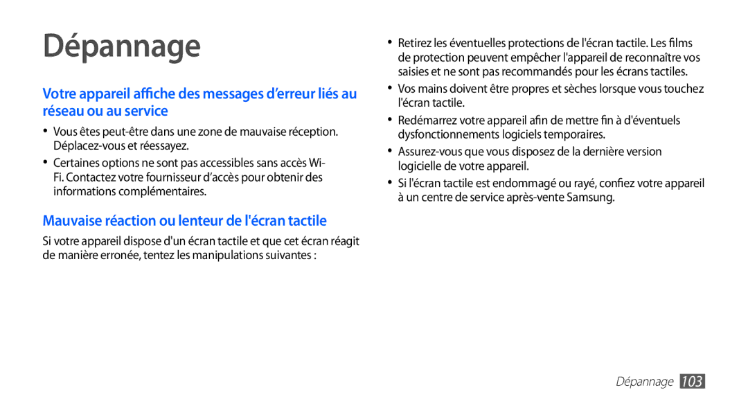 Samsung YP-GS1CB/XEF, YP-GS1CW/XEF manual Dépannage 