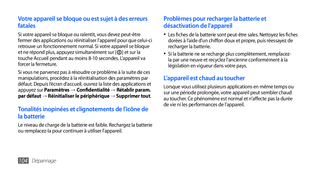 Samsung YP-GS1CW/XEF, YP-GS1CB/XEF manual Votre appareil se bloque ou est sujet à des erreurs fatales, 104 Dépannage 