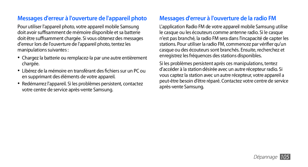 Samsung YP-GS1CB/XEF, YP-GS1CW/XEF manual Messages derreur à louverture de la radio FM 