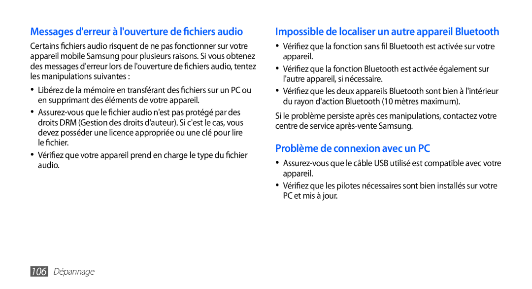 Samsung YP-GS1CW/XEF, YP-GS1CB/XEF manual Messages derreur à louverture de fichiers audio, 106 Dépannage 