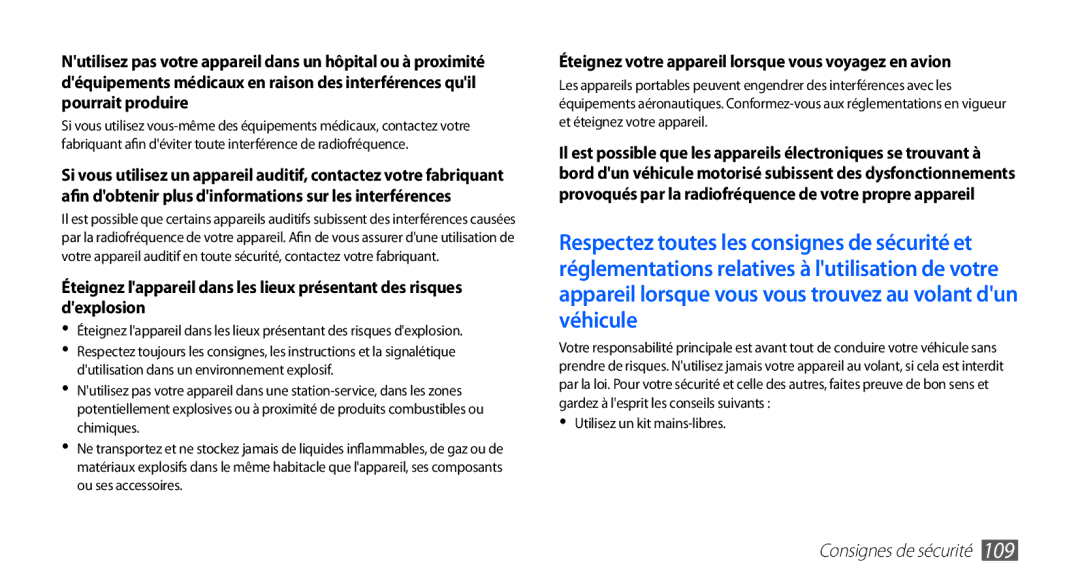 Samsung YP-GS1CB/XEF, YP-GS1CW/XEF manual Éteignez votre appareil lorsque vous voyagez en avion 