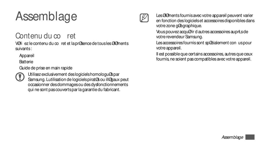 Samsung YP-GS1CB/XEF, YP-GS1CW/XEF manual Assemblage, Contenu du coffret 