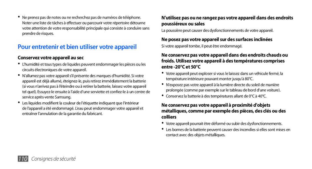 Samsung YP-GS1CW/XEF, YP-GS1CB/XEF Conservez votre appareil au sec, Ne posez pas votre appareil sur des surfaces inclinées 