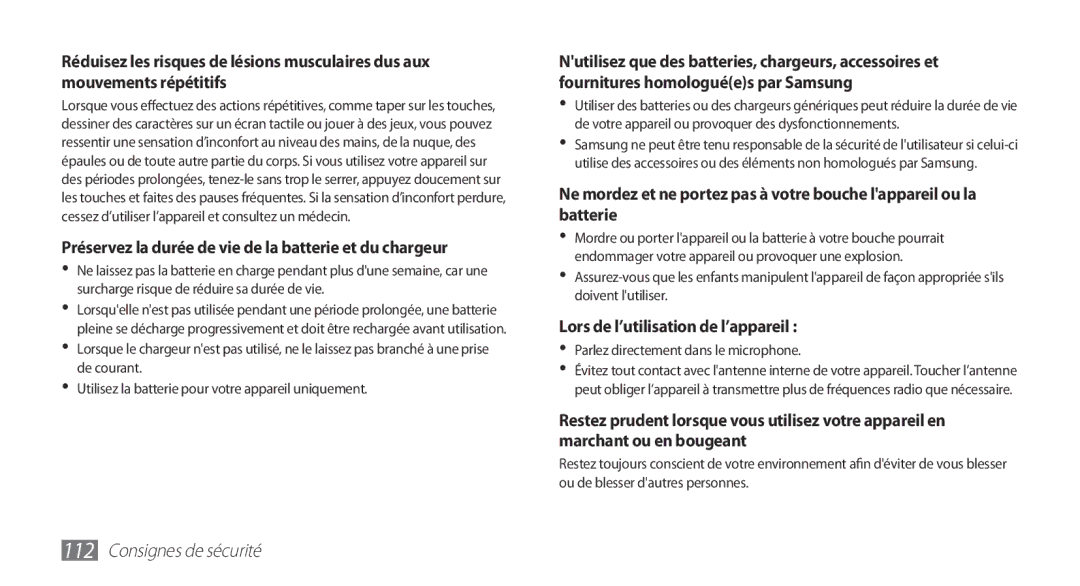 Samsung YP-GS1CW/XEF manual Lors de l’utilisation de l’appareil, Préservez la durée de vie de la batterie et du chargeur 