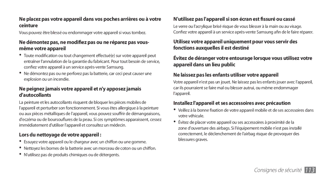 Samsung YP-GS1CB/XEF manual Lors du nettoyage de votre appareil, Installez lappareil et ses accessoires avec précaution 