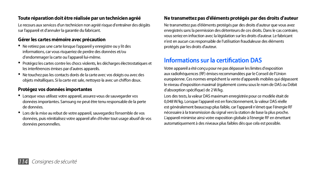 Samsung YP-GS1CW/XEF, YP-GS1CB/XEF manual Gérer les cartes mémoire avec précaution, Protégez vos données importantes 