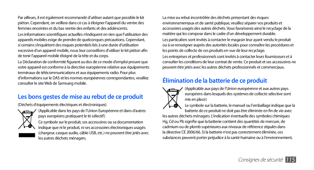 Samsung YP-GS1CB/XEF, YP-GS1CW/XEF manual Élimination de la batterie de ce produit 