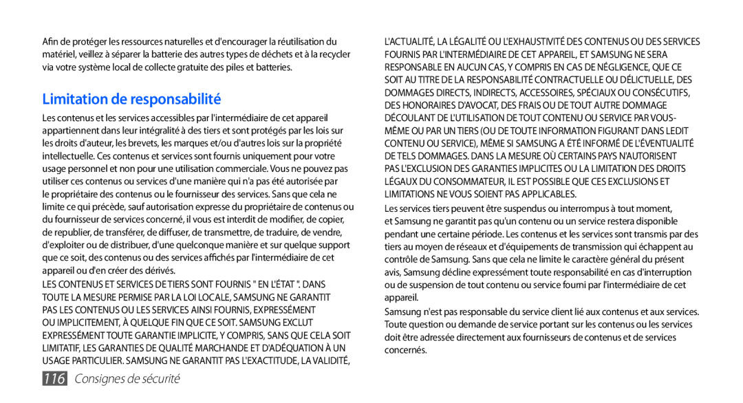 Samsung YP-GS1CW/XEF, YP-GS1CB/XEF manual Limitation de responsabilité 