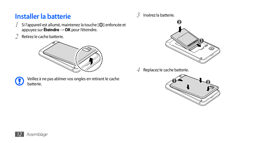 Samsung YP-GS1CW/XEF manual Installer la batterie, Appuyez sur Éteindre → OK pour l’éteindre, Retirez le cache batterie 