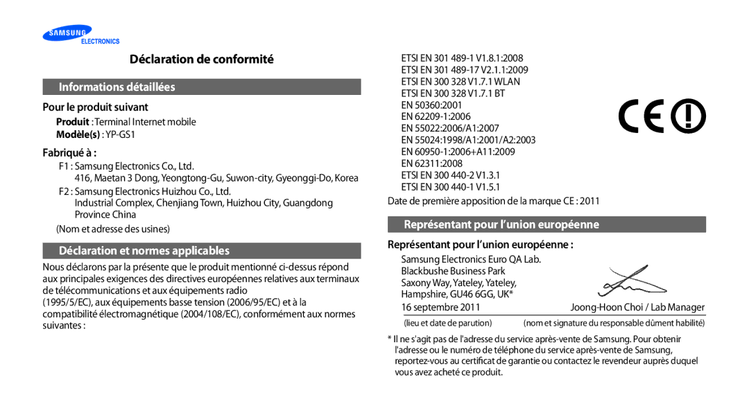 Samsung YP-GS1CB/XEF, YP-GS1CW/XEF manual Déclaration de conformité, Informations détaillées 