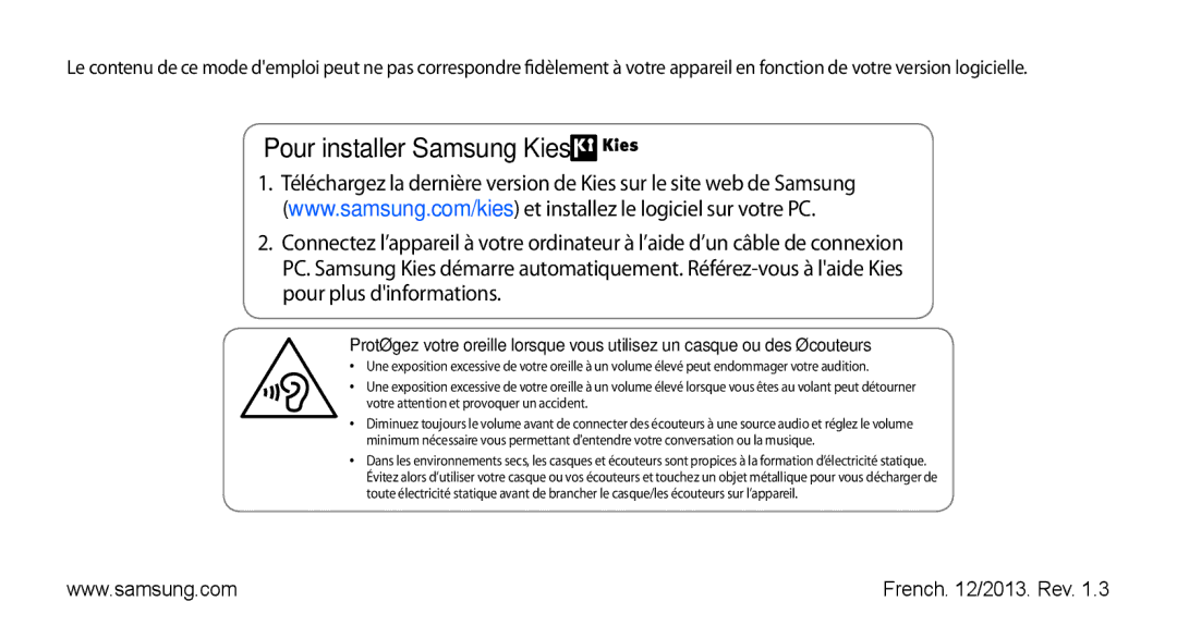 Samsung YP-GS1CW/XEF, YP-GS1CB/XEF manual Pour installer Samsung Kies 