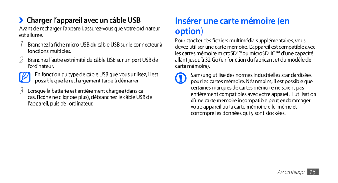 Samsung YP-GS1CB/XEF, YP-GS1CW/XEF manual Insérer une carte mémoire en option, ››Charger l’appareil avec un câble USB 