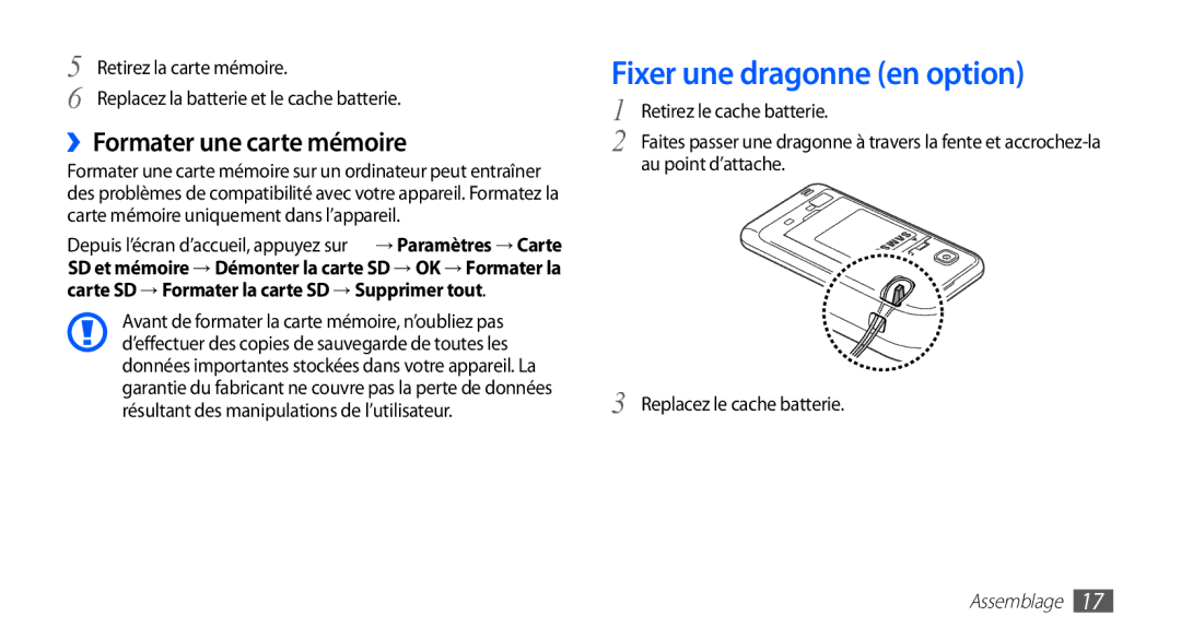 Samsung YP-GS1CB/XEF, YP-GS1CW/XEF manual Fixer une dragonne en option, ››Formater une carte mémoire 