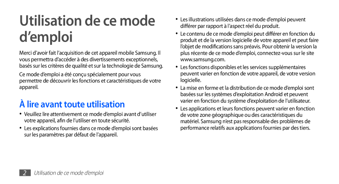 Samsung YP-GS1CW/XEF, YP-GS1CB/XEF manual Utilisation de ce mode d’emploi, Lire avant toute utilisation 