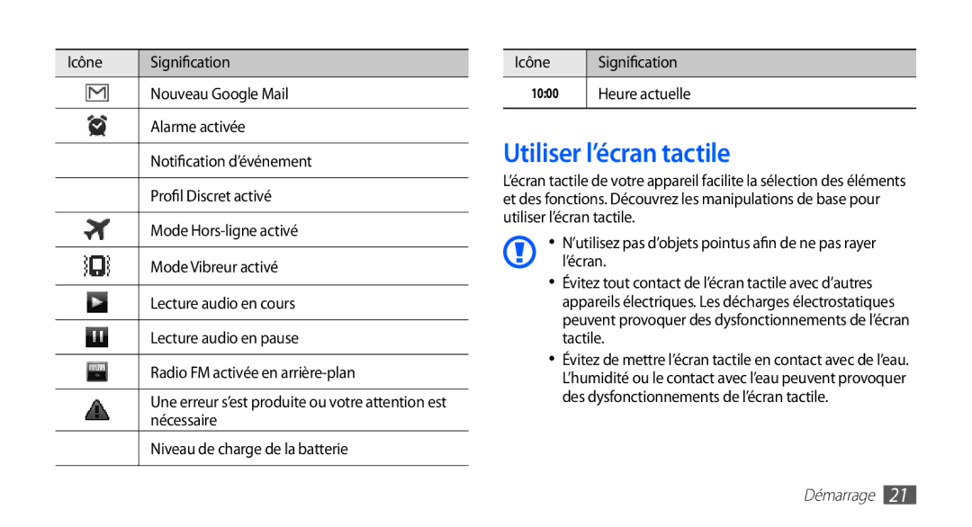 Samsung YP-GS1CB/XEF manual Utiliser l’écran tactile, Nécessaire, Niveau de charge de la batterie, Icône Signification 