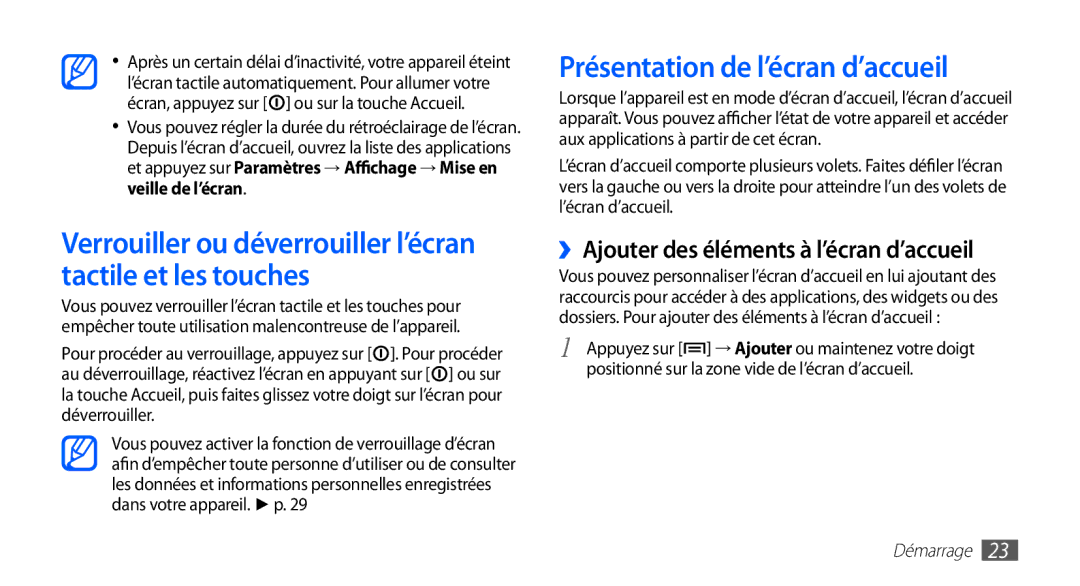 Samsung YP-GS1CB/XEF manual Verrouiller ou déverrouiller l’écran tactile et les touches, Présentation de l’écran d’accueil 