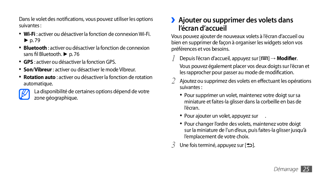 Samsung YP-GS1CB/XEF, YP-GS1CW/XEF ››Ajouter ou supprimer des volets dans l’écran d’accueil, Une fois terminé, appuyez sur 