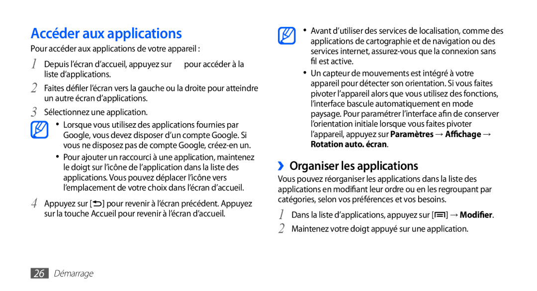 Samsung YP-GS1CW/XEF, YP-GS1CB/XEF manual Accéder aux applications, ››Organiser les applications, 26 Démarrage 