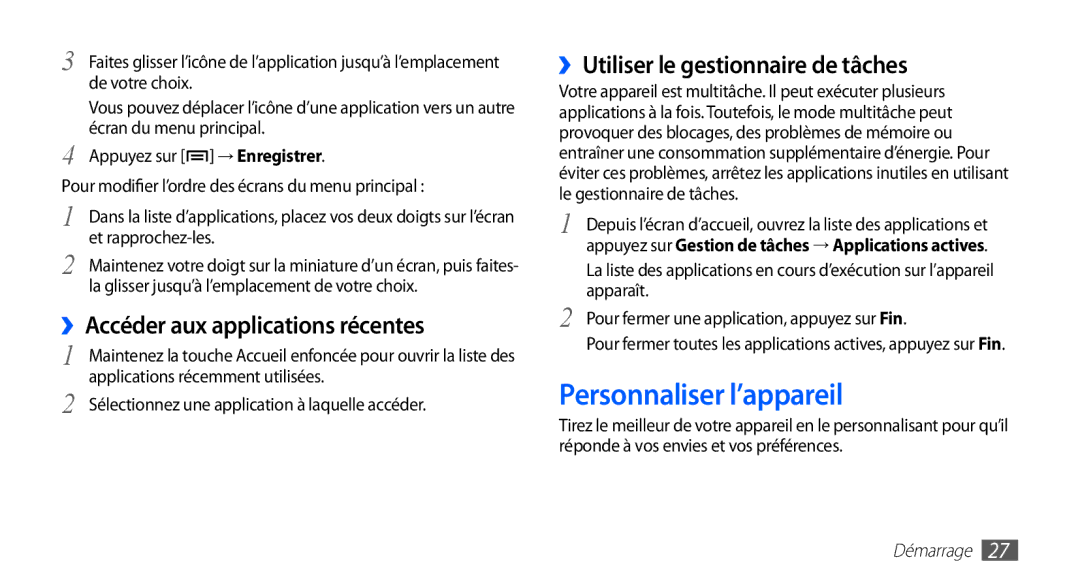 Samsung YP-GS1CB/XEF Personnaliser l’appareil, ››Accéder aux applications récentes, ››Utiliser le gestionnaire de tâches 