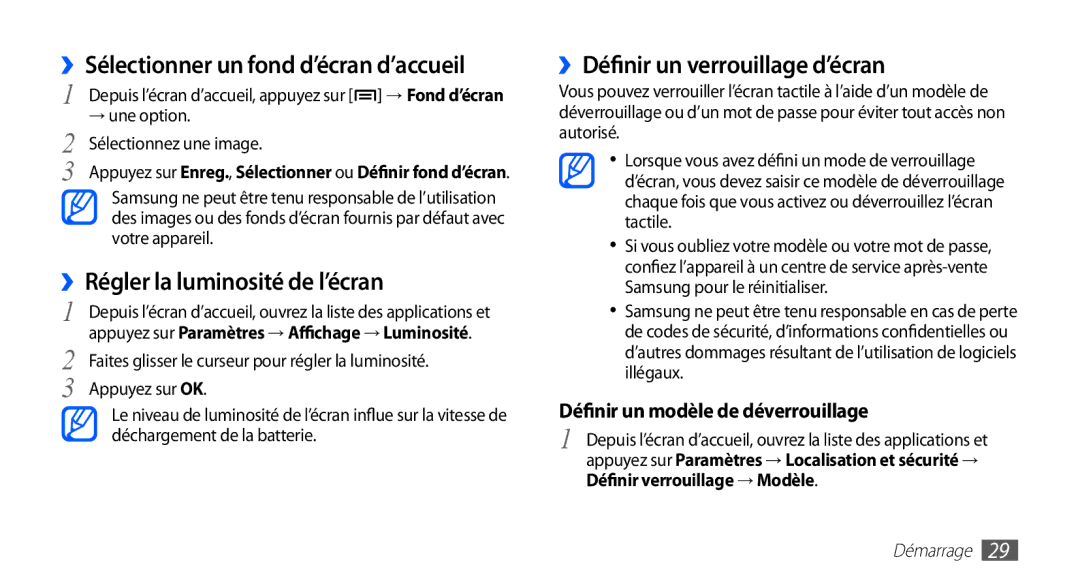 Samsung YP-GS1CB/XEF manual ››Sélectionner un fond d’écran d’accueil, ››Régler la luminosité de l’écran, → une option 