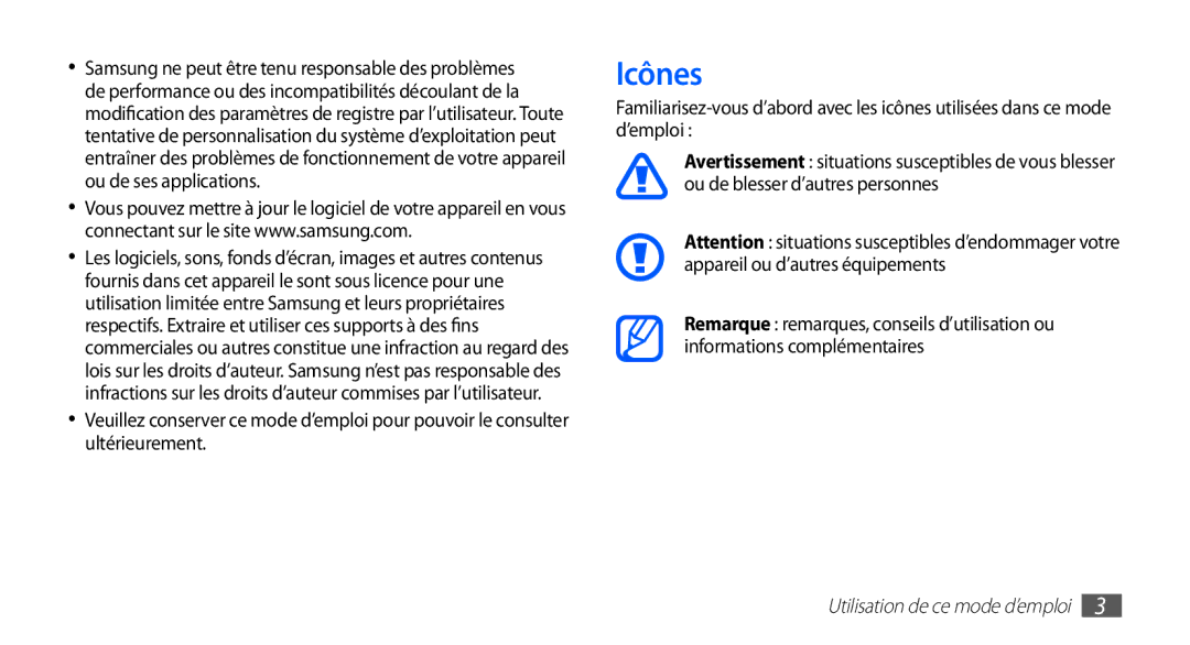 Samsung YP-GS1CB/XEF, YP-GS1CW/XEF manual Icônes 