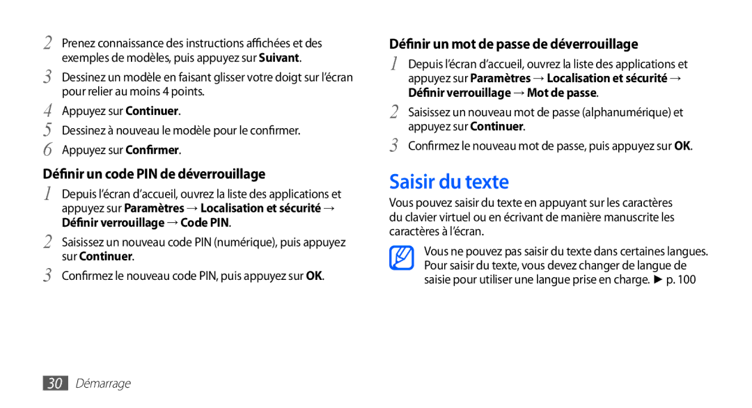 Samsung YP-GS1CW/XEF, YP-GS1CB/XEF manual Saisir du texte, Définir verrouillage → Code PIN, Sur Continuer, 30 Démarrage 