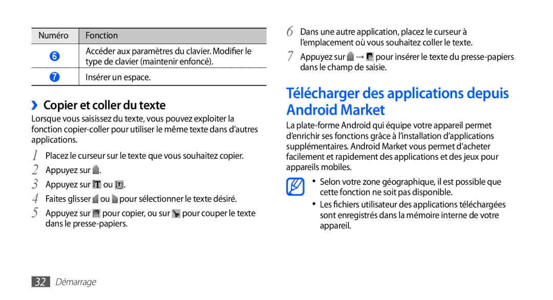 Samsung YP-GS1CW/XEF manual Télécharger des applications depuis Android Market, ››Copier et coller du texte, 32 Démarrage 