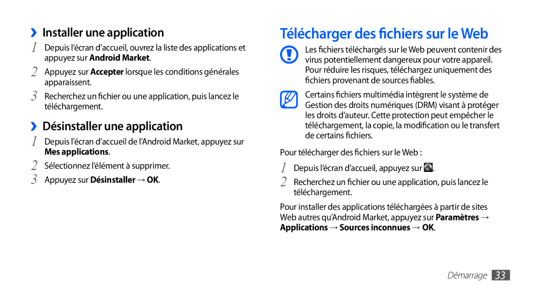 Samsung YP-GS1CB/XEF Télécharger des fichiers sur le Web, ››Installer une application, ››Désinstaller une application 