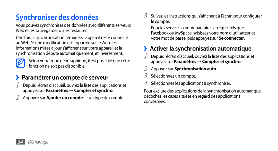 Samsung YP-GS1CW/XEF Synchroniser des données, ››Paramétrer un compte de serveur, ››Activer la synchronisation automatique 