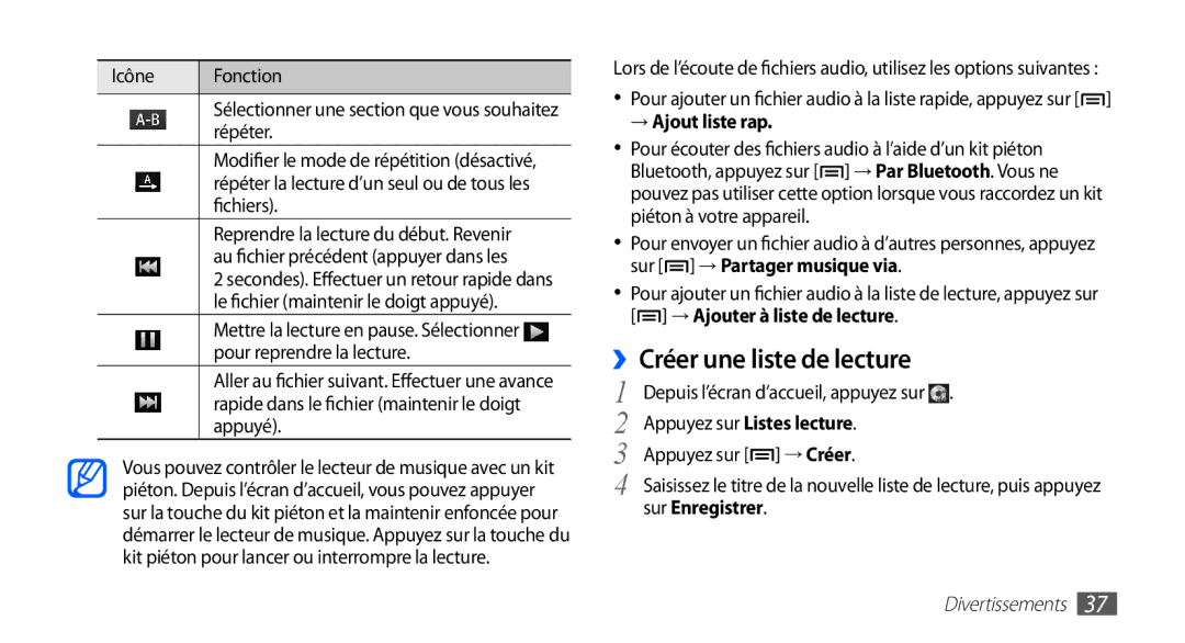 Samsung YP-GS1CB/XEF manual ››Créer une liste de lecture, → Ajout liste rap, Appuyez sur Listes lecture, Sur Enregistrer 