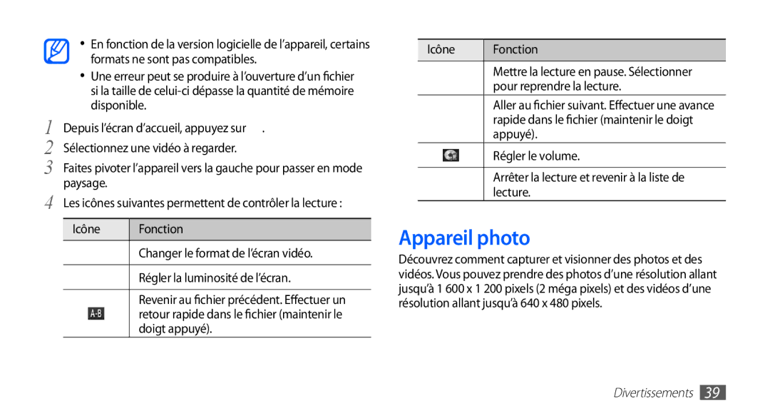 Samsung YP-GS1CB/XEF, YP-GS1CW/XEF manual Appareil photo, Doigt appuyé, Lecture 