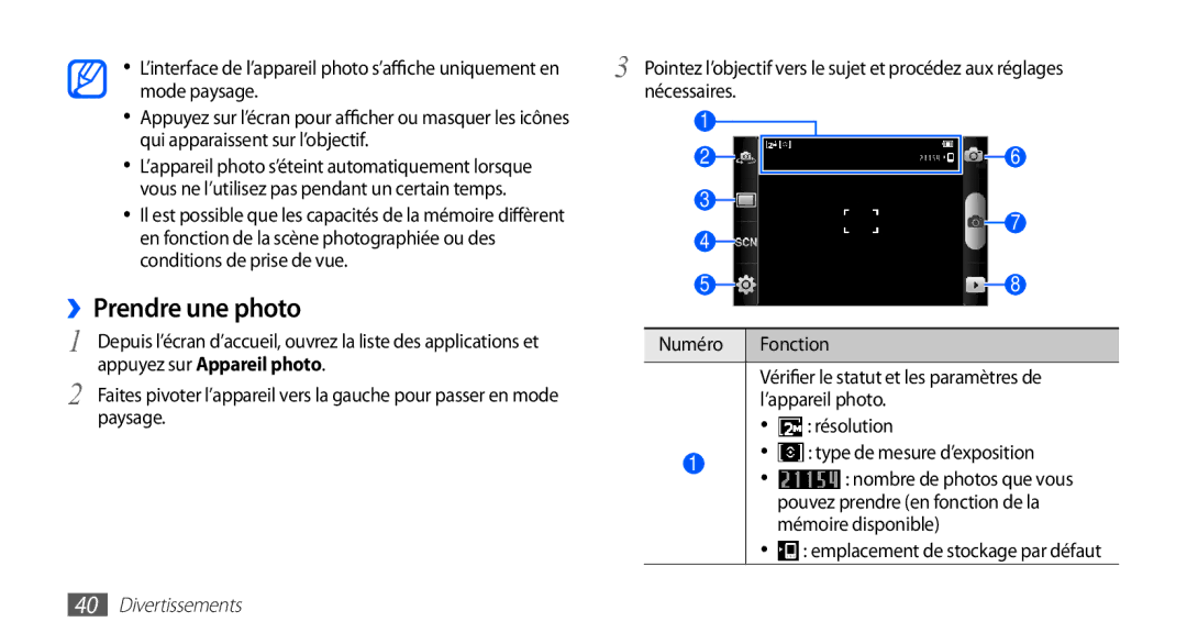 Samsung YP-GS1CW/XEF, YP-GS1CB/XEF manual ››Prendre une photo, Appuyez sur Appareil photo 