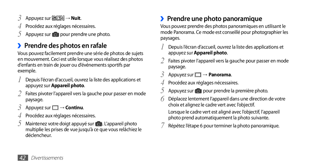 Samsung YP-GS1CW/XEF, YP-GS1CB/XEF manual ››Prendre des photos en rafale, ››Prendre une photo panoramique, → Nuit 