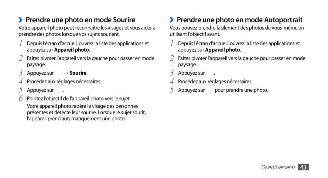 Samsung YP-GS1CB/XEF manual ››Prendre une photo en mode Sourire, ››Prendre une photo en mode Autoportrait, → Sourire 