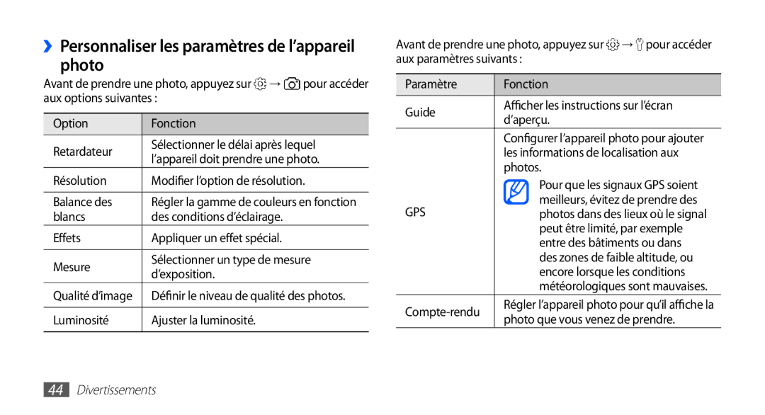 Samsung YP-GS1CW/XEF, YP-GS1CB/XEF manual ››Personnaliser les paramètres de l’appareil photo 