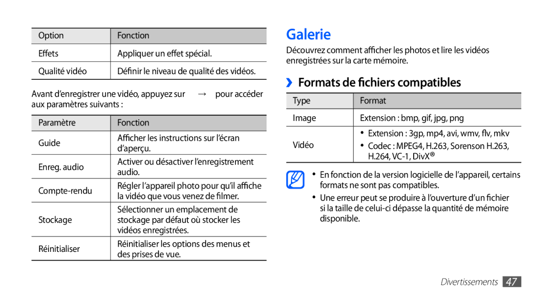 Samsung YP-GS1CB/XEF, YP-GS1CW/XEF manual Galerie, ››Formats de fichiers compatibles 