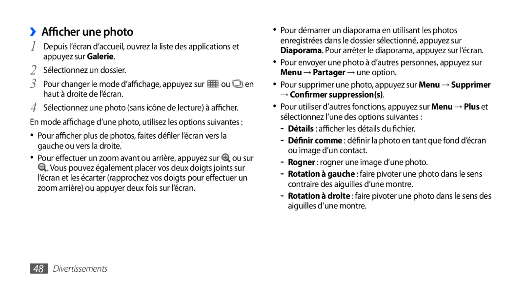 Samsung YP-GS1CW/XEF, YP-GS1CB/XEF manual ››Afficher une photo, → Confirmer suppressions 