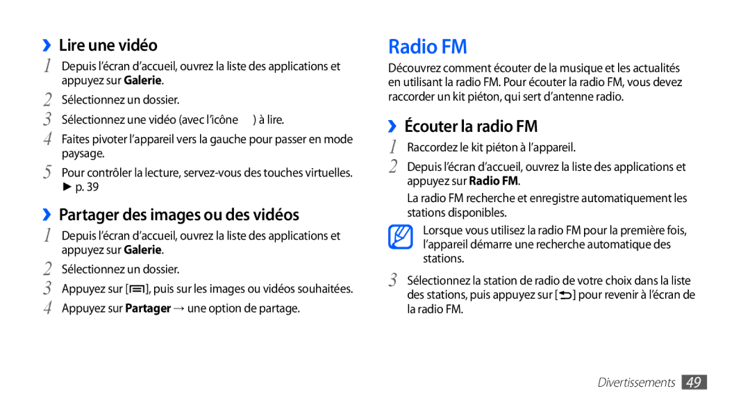 Samsung YP-GS1CB/XEF, YP-GS1CW/XEF Radio FM, ››Lire une vidéo, ››Partager des images ou des vidéos, ››Écouter la radio FM 