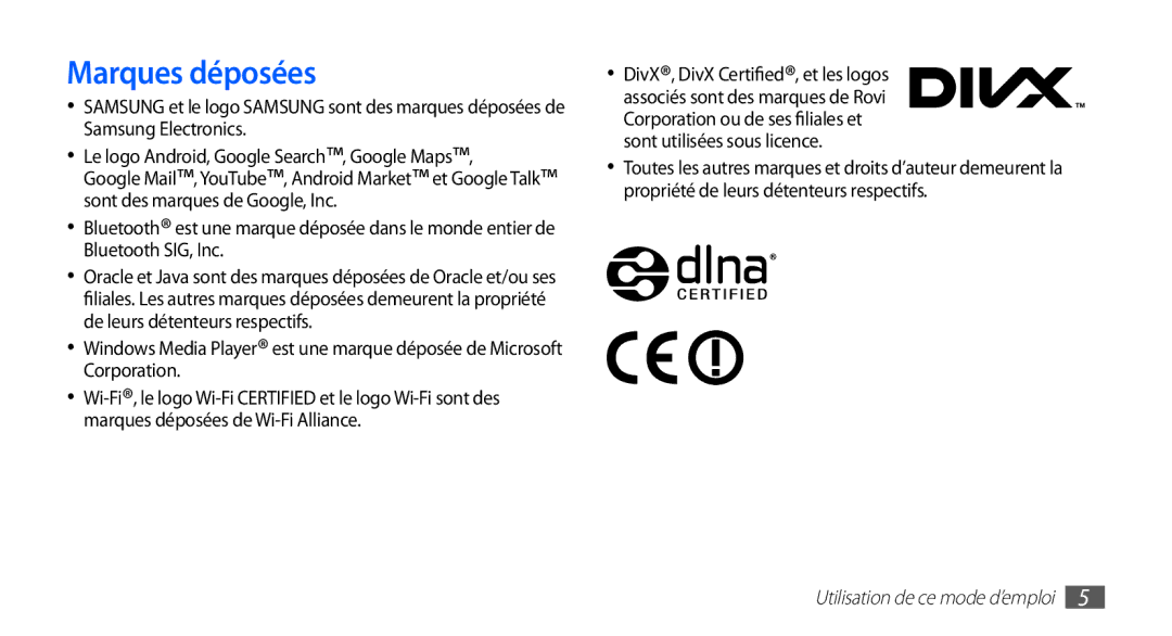 Samsung YP-GS1CB/XEF, YP-GS1CW/XEF manual Marques déposées 