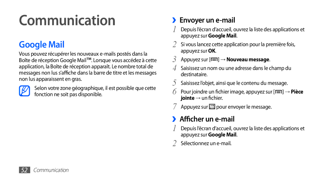 Samsung YP-GS1CW/XEF, YP-GS1CB/XEF manual Communication, Google Mail, ››Envoyer un e-mail, ››Afficher un e-mail 