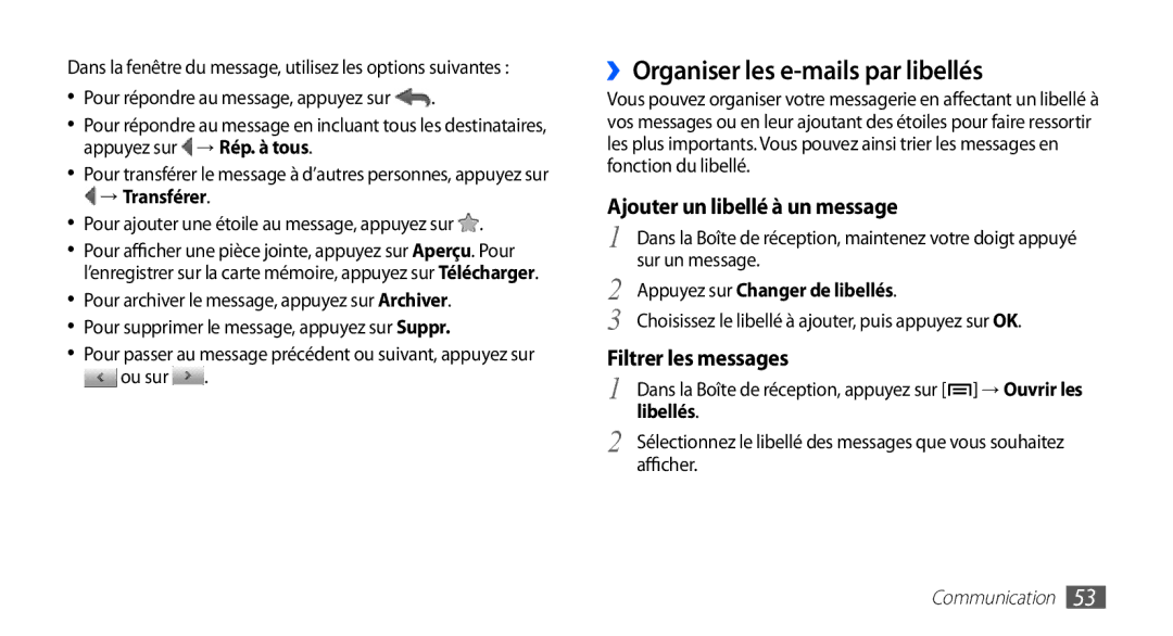 Samsung YP-GS1CB/XEF manual ››Organiser les e-mails par libellés, → Transférer, Appuyez sur Changer de libellés, Libellés 