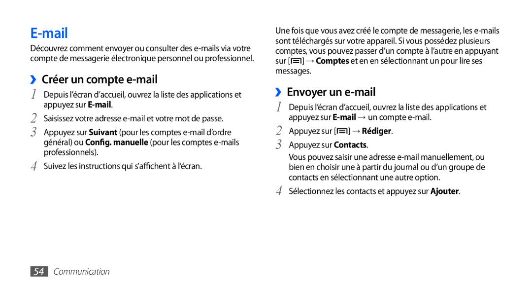 Samsung YP-GS1CW/XEF, YP-GS1CB/XEF manual Mail, ››Créer un compte e-mail, Appuyez sur → Rédiger Appuyez sur Contacts 