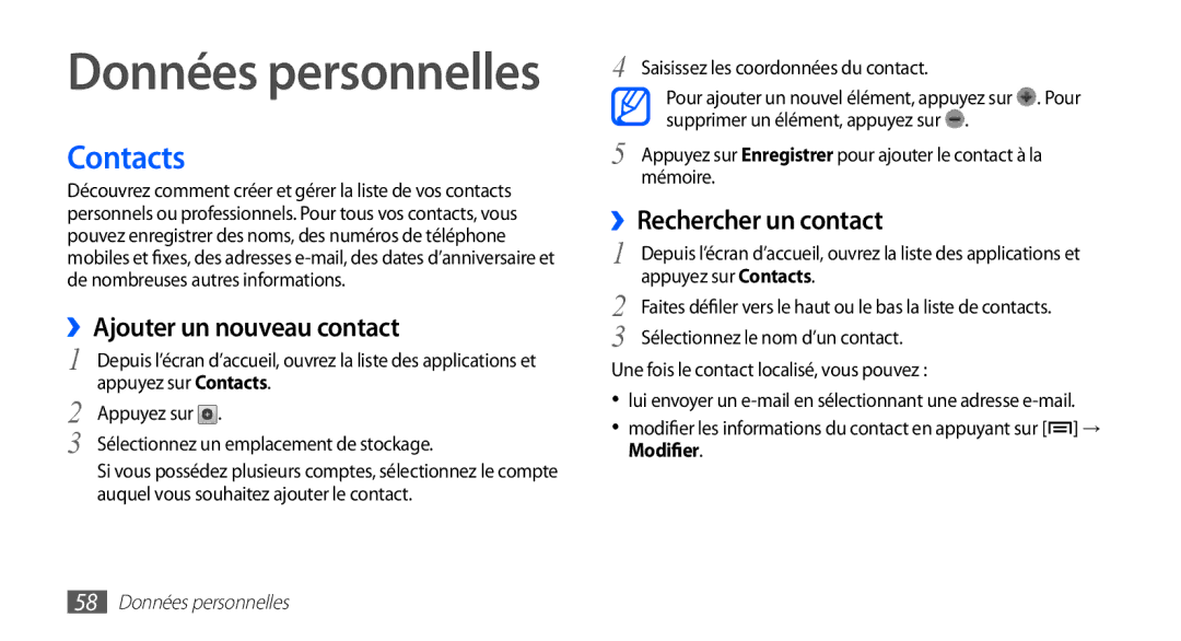 Samsung YP-GS1CW/XEF, YP-GS1CB/XEF Contacts, ››Ajouter un nouveau contact, ››Rechercher un contact, Données personnelles 