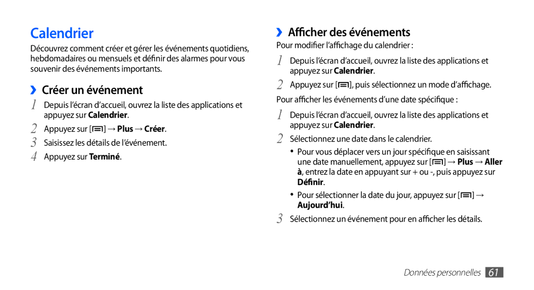 Samsung YP-GS1CB/XEF, YP-GS1CW/XEF manual Calendrier, ››Créer un événement, ››Afficher des événements 