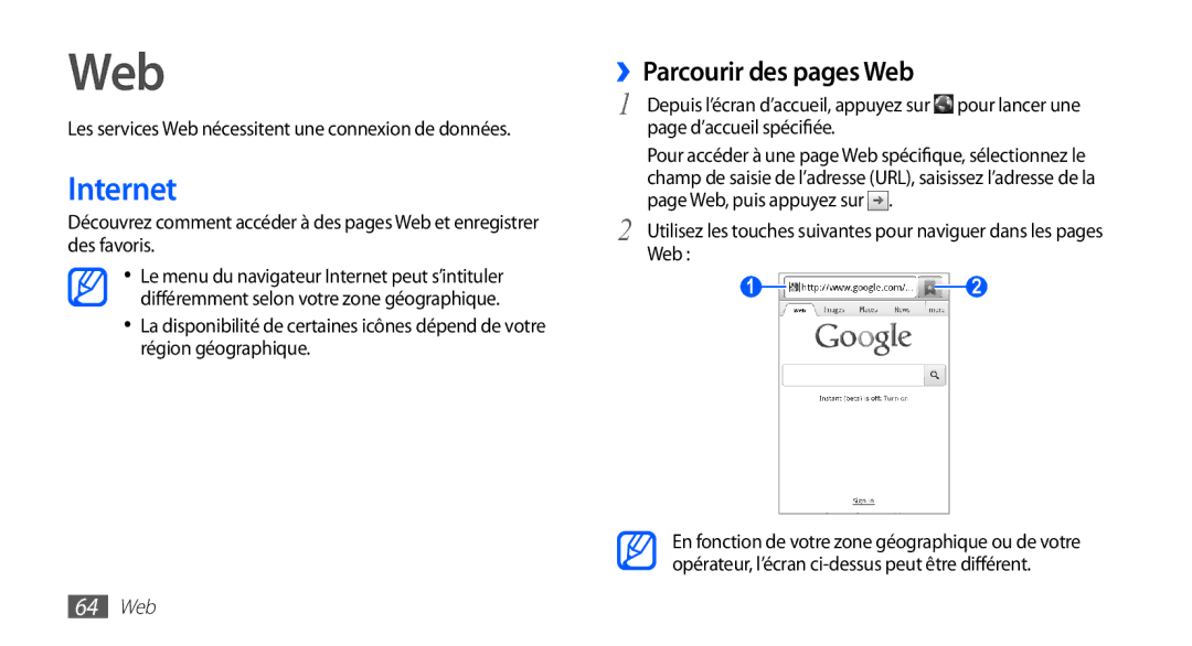 Samsung YP-GS1CW/XEF manual Internet, ››Parcourir des pages Web, Les services Web nécessitent une connexion de données 