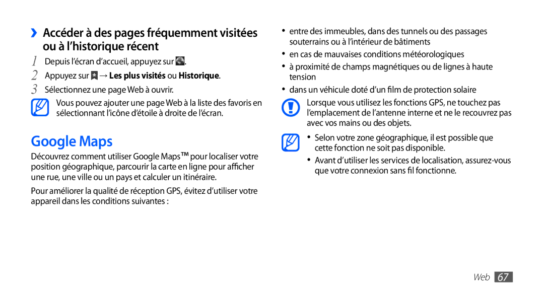 Samsung YP-GS1CB/XEF, YP-GS1CW/XEF manual Google Maps, Sélectionnez une page Web à ouvrir 