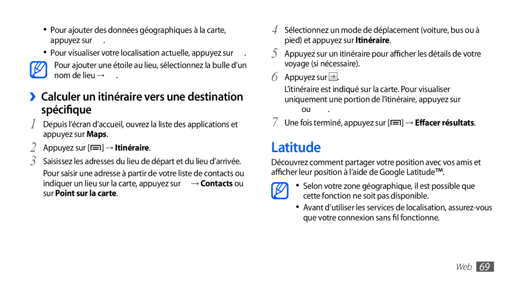 Samsung YP-GS1CB/XEF Latitude, ››Calculer un itinéraire vers une destination spécifique, Pied et appuyez sur Itinéraire 