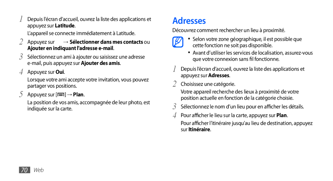 Samsung YP-GS1CW/XEF, YP-GS1CB/XEF manual Adresses, Ajouter en indiquant ladresse e-mail, → Plan, 70 Web 
