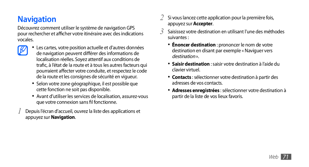 Samsung YP-GS1CB/XEF, YP-GS1CW/XEF manual Navigation 