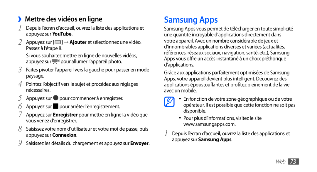 Samsung YP-GS1CB/XEF, YP-GS1CW/XEF manual Samsung Apps, ››Mettre des vidéos en ligne 